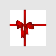 Vector White Square Gift Box with Shiny Red Satin Bow Isolated on Background