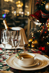 christmas decorated table for dinner at restaurant