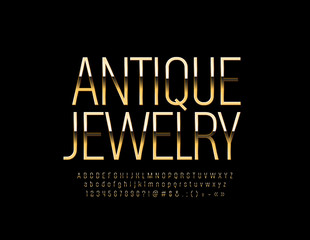 Vector Golden logo Antique Jewelry with Elegant Alphabet. Set of thin luxury Letters, Numbers and Symbols. Chic Font.