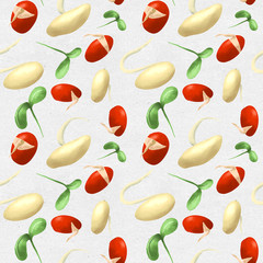 Vegetable Seamless Pattern of Sketch Haricot Bean and Bean Sprout, Used in Vegan and Healthy Recipes.