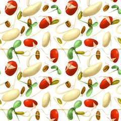 Vegetable Seamless Pattern of Sketch Haricot Bean and Bean Sprout, Used in Vegan and Healthy Recipes.