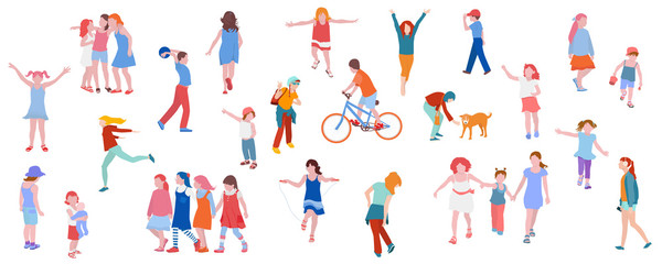 Fototapeta na wymiar Set of illustrations of kids activity. Children play, chat, walk, run, vector illustration in flat style. 