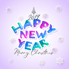 Colorful watercolor 2019 Happy New Year brush lettering text. Merry Christmas calligraphy inscription vector illustration.