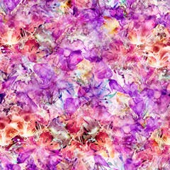 Naklejka na ściany i meble Watercolor background with floral pattern, splash of abstract paint, fashionable art background, shawl. Orchid flowers, poppy, tulip, cornflower, gladiolus, peony, rose, field or garden flowers.