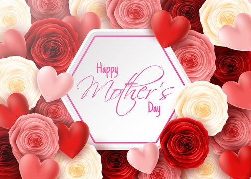 Happy Mother's Day with rose flowers and hearts background