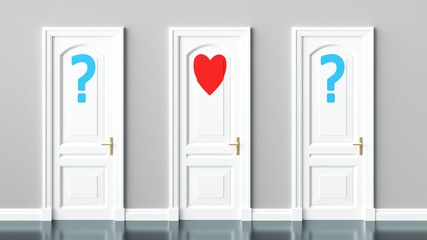 Using heart emotions to pick up a right choice from other options -  symbolized by doors with question mark and heart symbol, 3d illustration