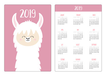 Cute llama alpaca smiling face head. Simple pocket calendar layout 2019 new year. Vertical orientation. Week starts Sunday. Cartoon kawaii funny baby character. Flat design. Pink background.