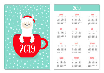 Cute llama alpaca. Coffee tea cup. Santa hat. Pocket calendar layout 2019 new year. Vertical orientation. Week starts Sunday. Cartoon kawaii funny baby character. Flat design. Blue snow background.