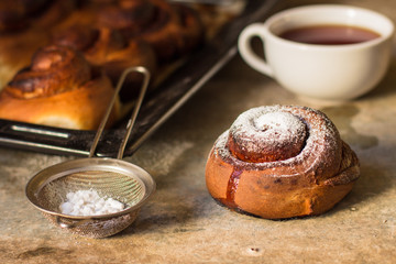cinnamon buns - Cinnabon cooking process. (food background). copy space