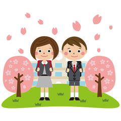 ポップなグレーの礼服の男の子と女の子の卒園式（ランドセルなし）　背景学校と桜