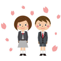 ポップなグレーの礼服の男の子と女の子の卒園式（ランドセルなし）　背景学校と桜