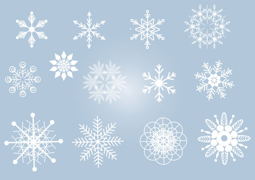 Vector collection of various white snowflakes