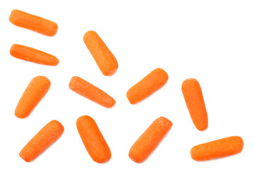 group of organic small baby carrots isolated on a white background. Top view