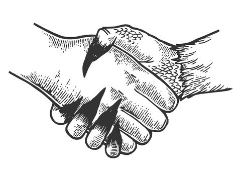 Death davil handshake engraving vector illustration. Scratch board style imitation. Black and white hand drawn image.