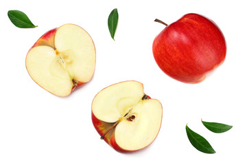 red apples with slices isolated on white background. top view