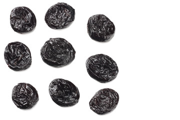 Dried plums - prunes isolated on white background. top view