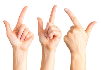 Woman hands with the index finger pointing up
