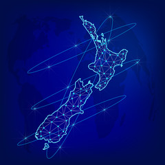 Global logistics network concept. Communications network map New Zealand on the world background. Map of New Zealand with nodes in polygonal style. Vector illustration EPS10. 