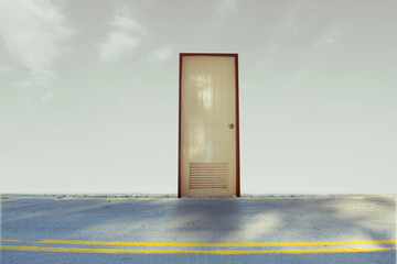 Closed door on street on sky with cloudy background for wait open success freedom