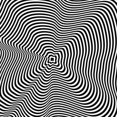 Abstract black and white striped background. Geometric pattern with visual distortion effect. Optical illusion. Op art.