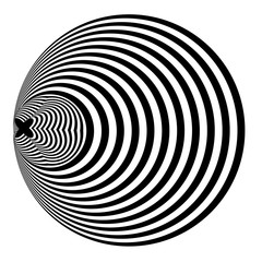 Abstract black and white striped round object. Geometric pattern with visual distortion effect. Optical illusion. Op art. Isolated on white background.