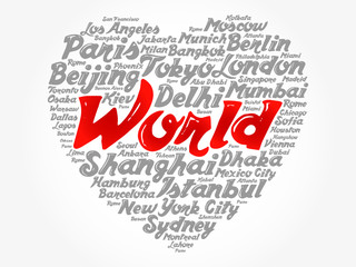 List of cities and towns in the WORLD composed in love sign heart shape, word cloud collage, business and travel concept background