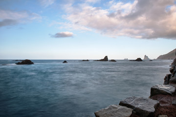 The rocky coast of Taganana with the formations of Los Roques de Anaga in the northeast coast of Tenerife.