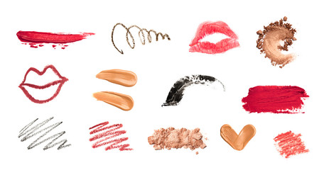 collection of various make up accessories on white background. each one is shot separately