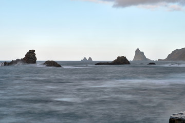 The rocky coast of Taganana with the formations of Los Roques de Anaga in the northeast coast of Tenerife.