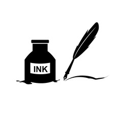 Feather pen and inkwell. Drawing of ancient stationery on white background. Concept for education. - Vector