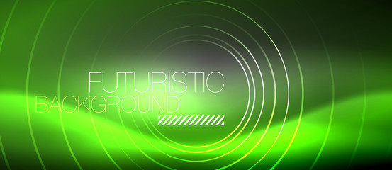 Neon circles abstract background, shiny lines