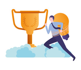 businessman with trophy and light bulb character