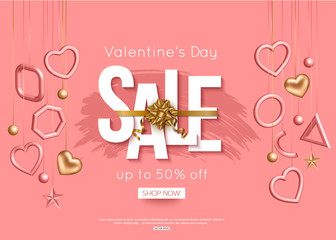 Valentines day sale poster with 3d hanging hearts, paper cut style and gold ribbon for online shopping. Vector illustration