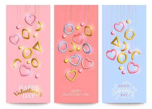 Set of colorful Valentines Day banner template with 3d hanging hearts, geometric shapes and elegant love lettering. Vector illustration