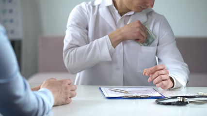 Doctor writing fake medical examination, taking bribe, expensive checkups