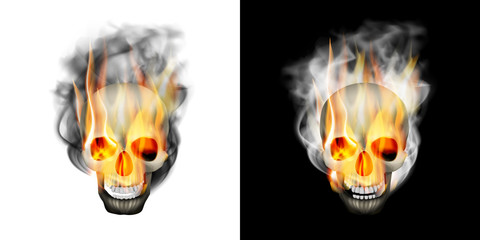 Realistic human skull in the smoke and fire. Isolated object on white and black background, can be used with any image or text.