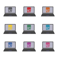 Online shopping on laptop monitor screen icon or logo, color set