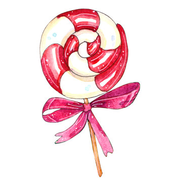 Watercolor Christmas lollipop with ribbon bow