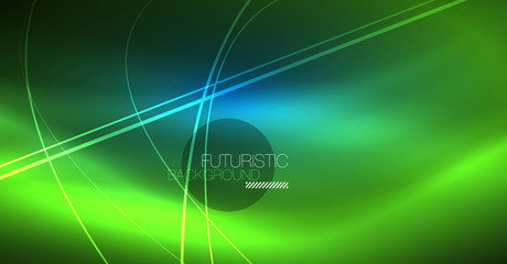 Neon glowing magic background, neon banner, night sky wallpaper. Magic light effect. Christmas abstract pattern.
