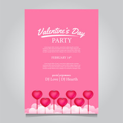 Obraz na płótnie Canvas Valentine party poster with 3D hearth shape pink balloon template. vector illustration