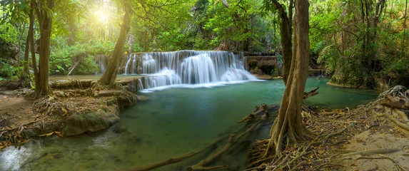 Foto auf Acrylglas Panoramic beautiful deep forest waterfall in Thailand © yotrakbutda