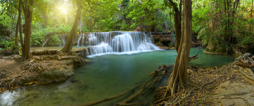 Fototapeta Panoramic beautiful deep forest waterfall in Thailand