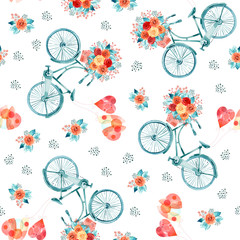Watercolor Valentines day illustration with hearts and bicycles. Design for textile, wallpapers, wrapping, paper. Seamless background. Surface pattern design