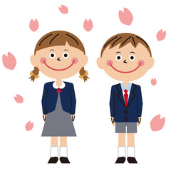 紺の制服の男の子と女の子の卒園式（ランドセルなし）　背景桜の花びら