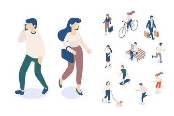 Different isomeric people vector set isolated on white. Male and female characters. Flat isometric vector.