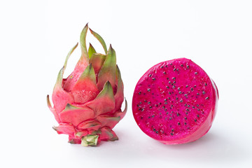 Fresh pitahaya fruit sliced on white background or ripe dragon fruit red color with copy-space...