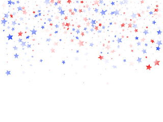 Flying red blue white star sparkles on white vector american patriotic background.
