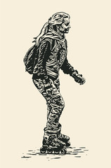 girl on roller skates. engraving style. vector illustration