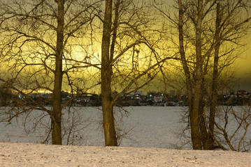 View of Neva River at winter evening.
