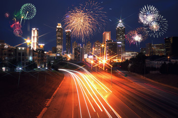 Fireworks over Atlanta city night skyline, Georgia, USA - 239810996